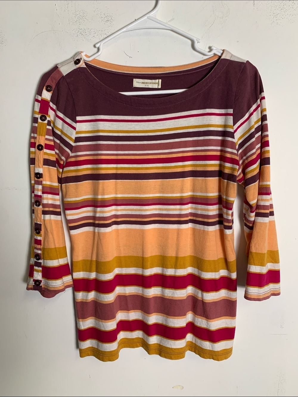 Pilcro Striped Button-Shoulder Long Sleeve Tee in Burgundy, Mustard & Peach